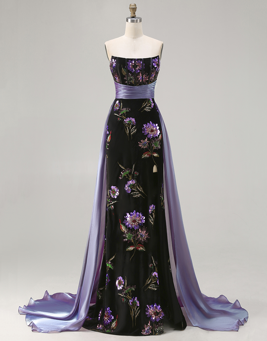 Black Corset Sheath Strapless Floral Long Prom Dress with Cape