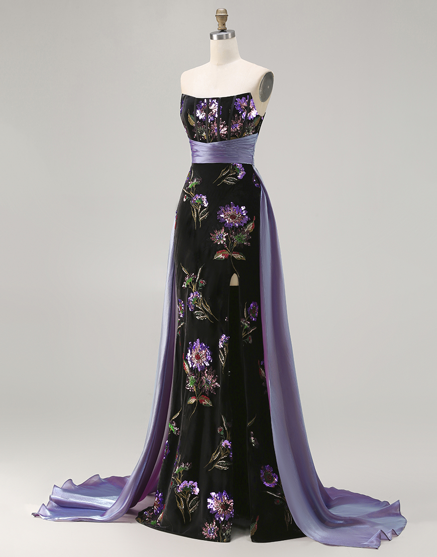 Black Corset Sheath Strapless Floral Long Prom Dress with Cape