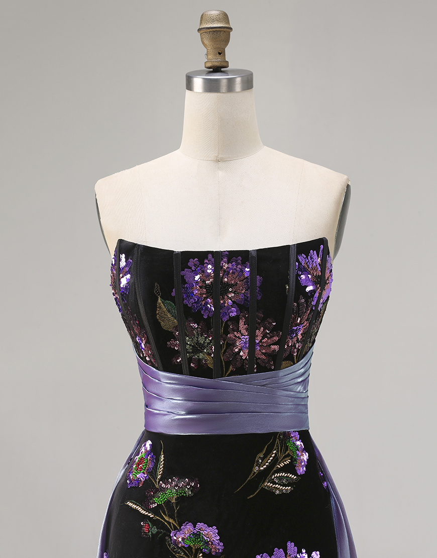 Black Corset Sheath Strapless Floral Long Prom Dress with Cape