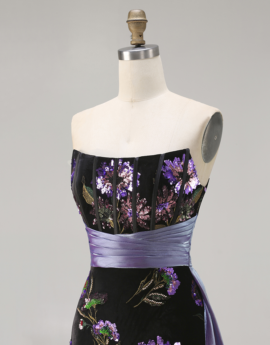 Black Corset Sheath Strapless Floral Long Prom Dress with Cape