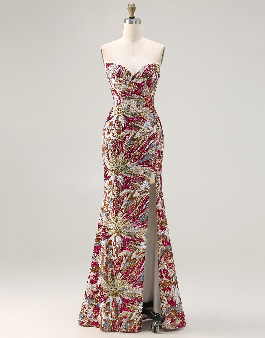 Sparkly Fuchsia Sheath Sweetheart Floral Long Prom Dress with Slit