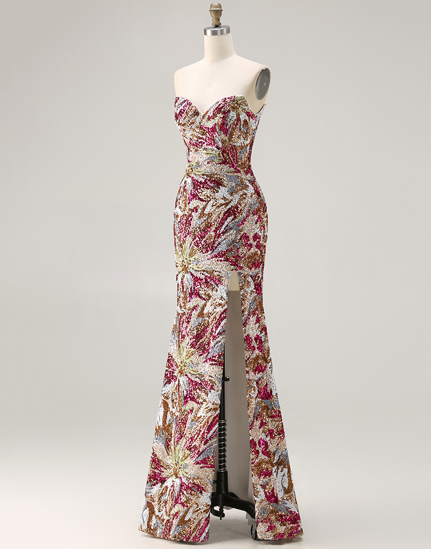 Sparkly Fuchsia Sheath Sweetheart Floral Long Prom Dress with Slit