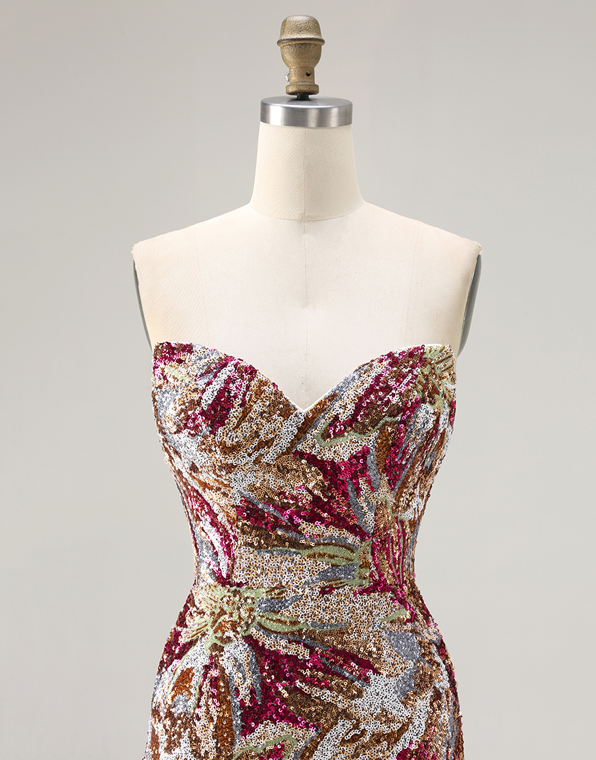 Sparkly Fuchsia Sheath Sweetheart Floral Long Prom Dress with Slit