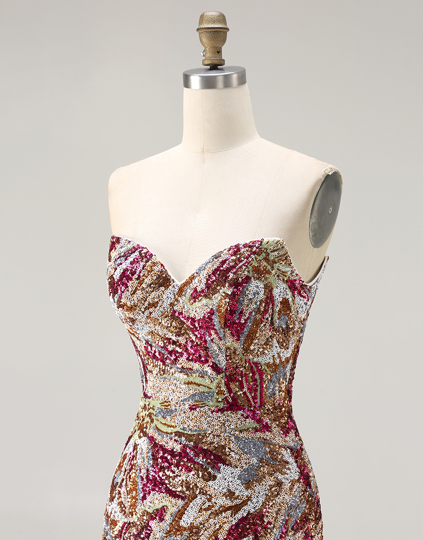 Sparkly Fuchsia Sheath Sweetheart Floral Long Prom Dress with Slit