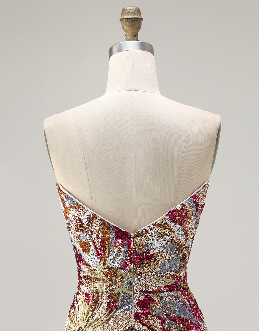 Sparkly Fuchsia Sheath Sweetheart Floral Long Prom Dress with Slit