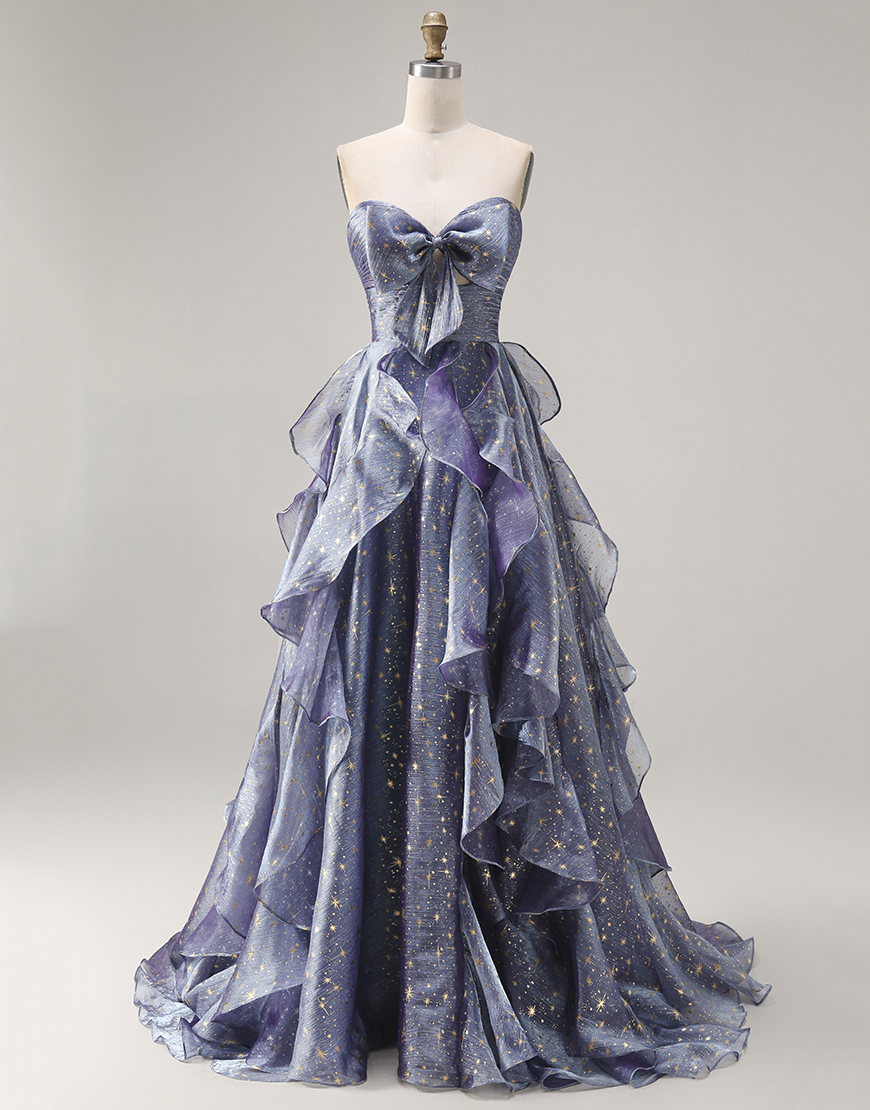 Berlinnova Women Glitter Dusty Blue Sweetheart Long Prom Dress with Bow A Line Ruffled Lace Up Back Pageant Dress with Keyhole