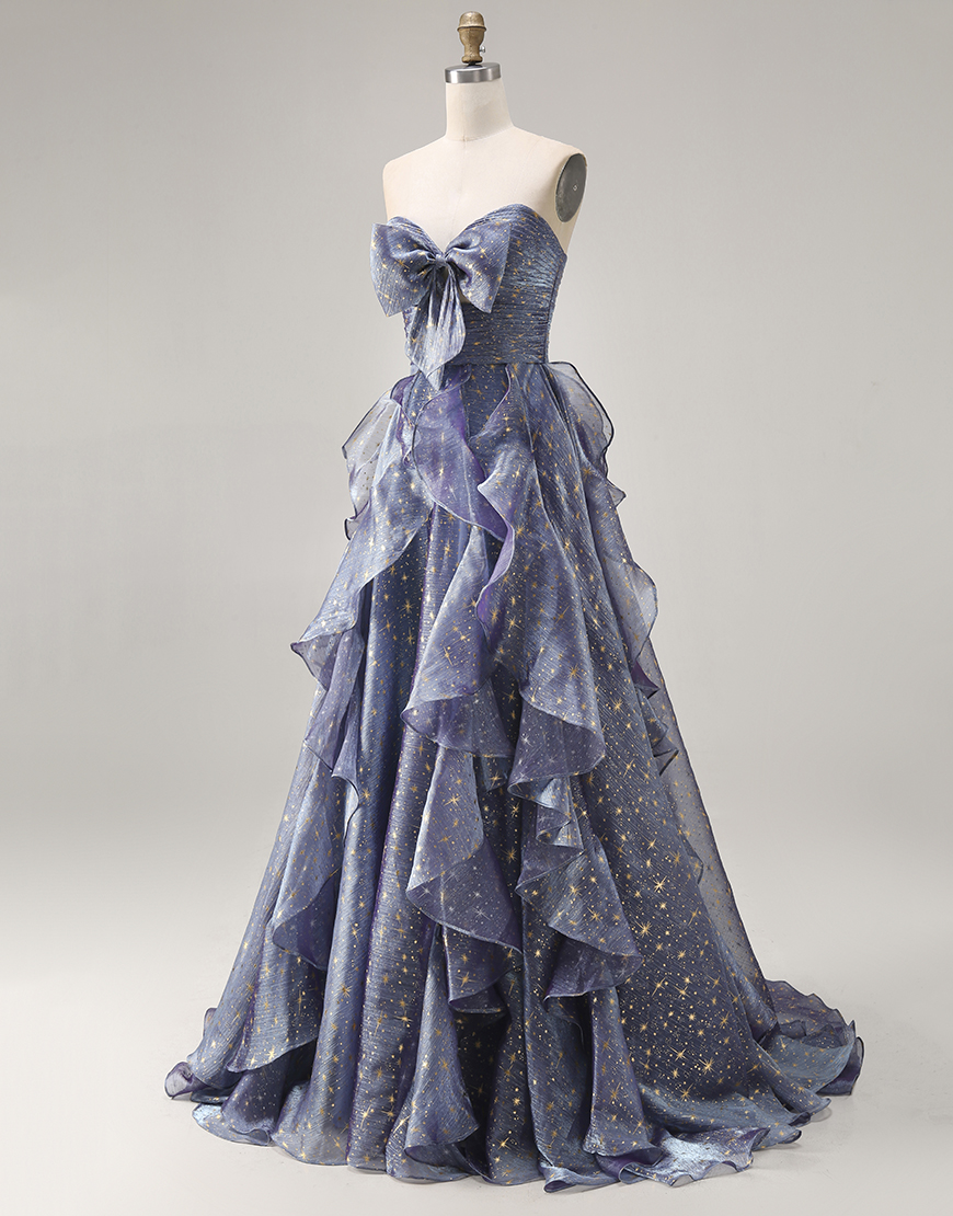 Glitter Dusty Blue Sweetheart Ruffled Long Prom Dress with Bow
