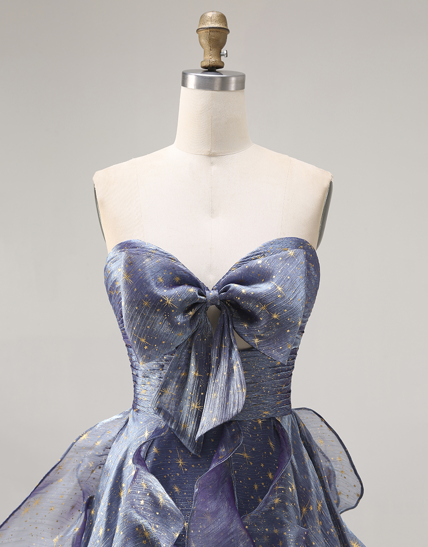 Glitter Dusty Blue Sweetheart Ruffled Long Prom Dress with Bow