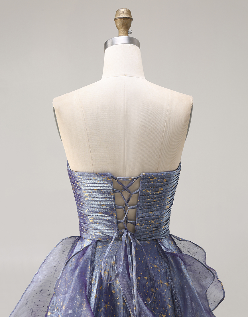 Glitter Dusty Blue Sweetheart Ruffled Long Prom Dress with Bow