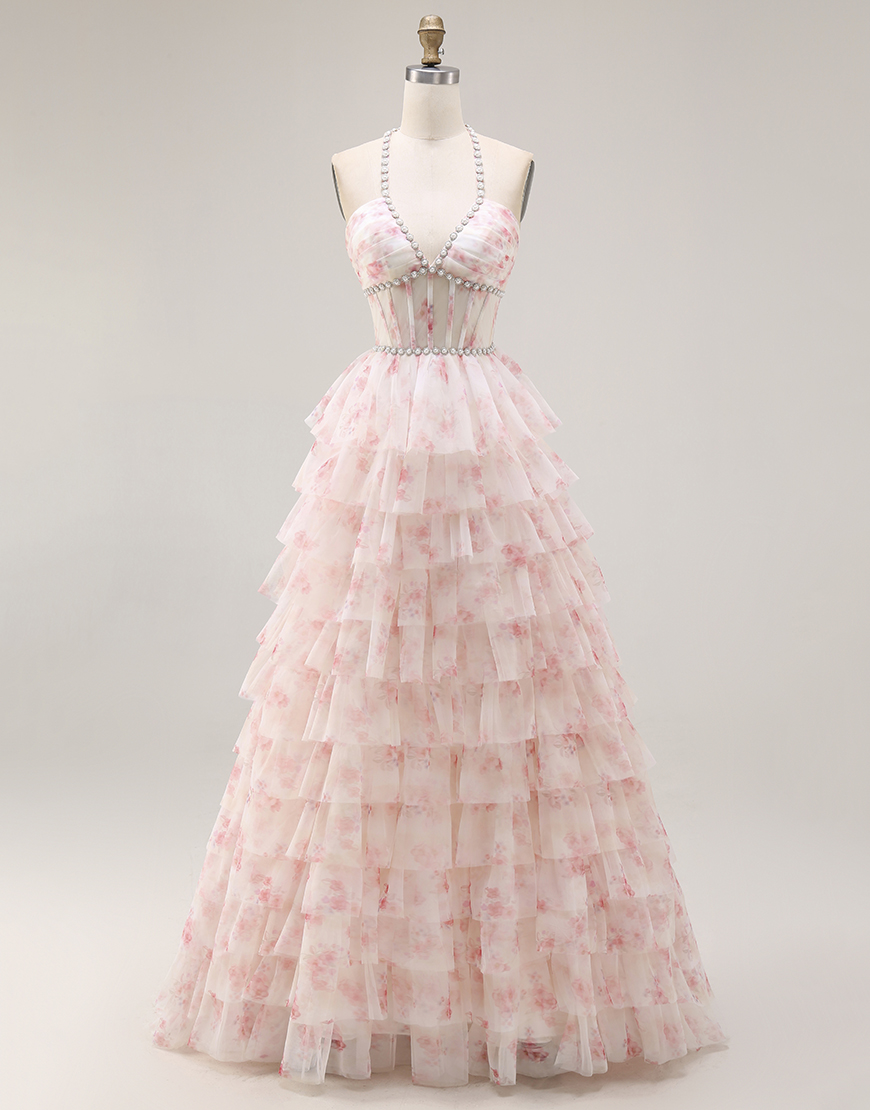 Candy Pink Floral A Line Tiered Beaded Long Corset Prom Dress with Ruffles