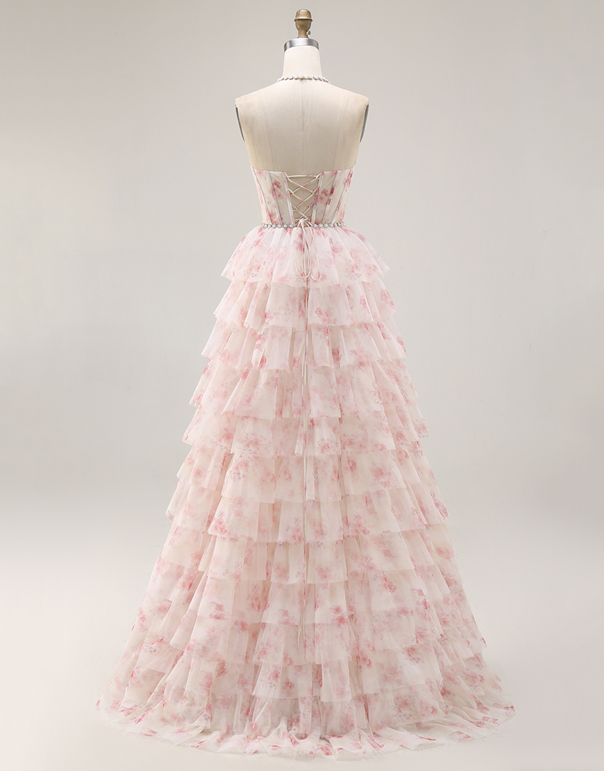 Candy Pink Floral A Line Tiered Beaded Long Corset Prom Dress with Ruffles