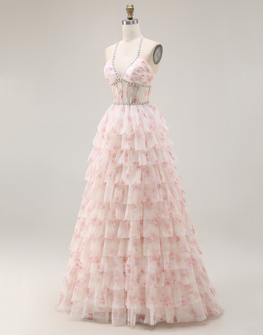 Candy Pink Floral A Line Tiered Beaded Long Corset Prom Dress with Ruffles