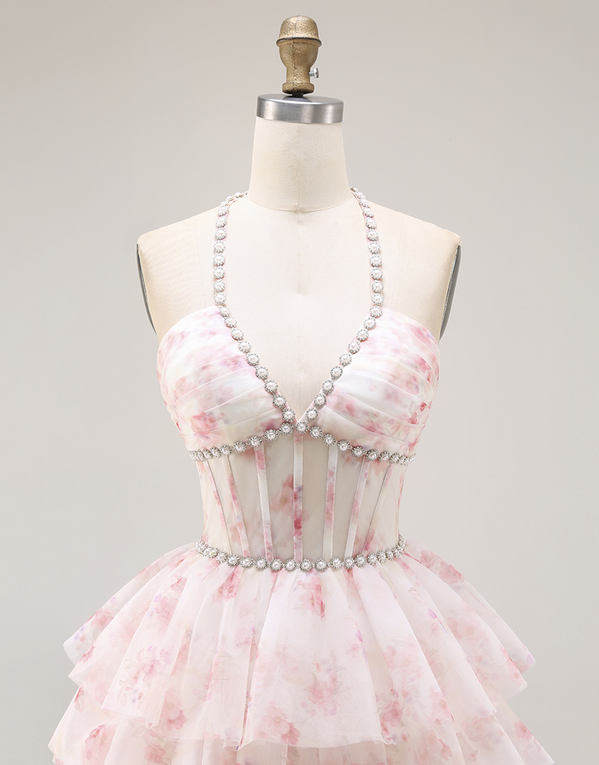 Candy Pink Floral A Line Tiered Beaded Long Corset Prom Dress with Ruffles