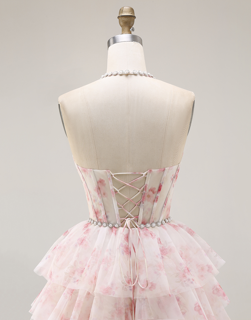 Candy Pink Floral A Line Tiered Beaded Long Corset Prom Dress with Ruffles