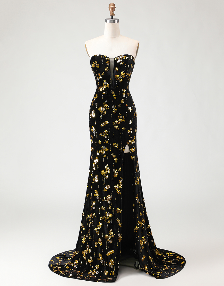 Sparkly Black and Golden Floral Long Mermaid Prom Dress with Slit