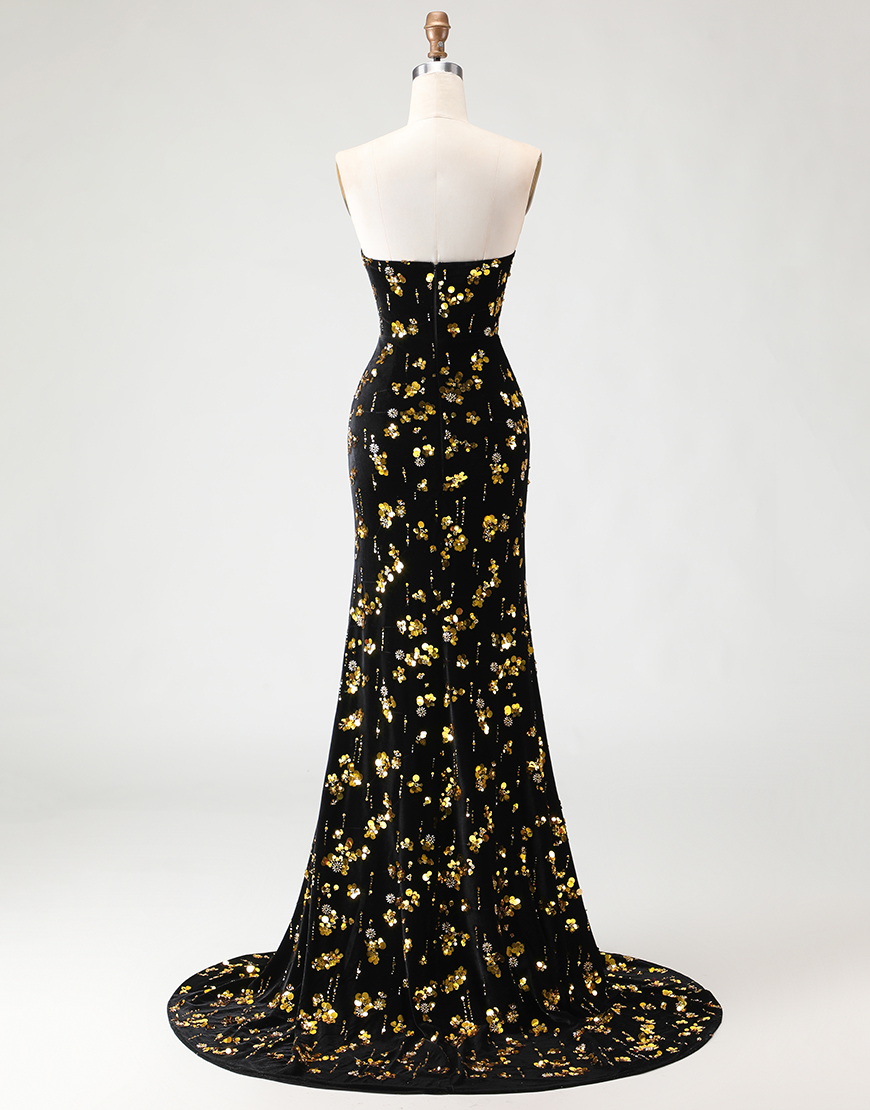 Sparkly Black and Golden Floral Long Mermaid Prom Dress with Slit