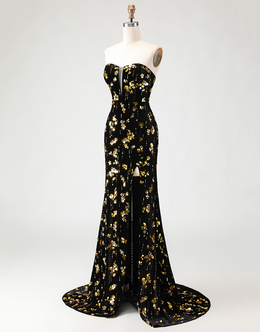 Sparkly Black and Golden Floral Long Mermaid Prom Dress with Slit