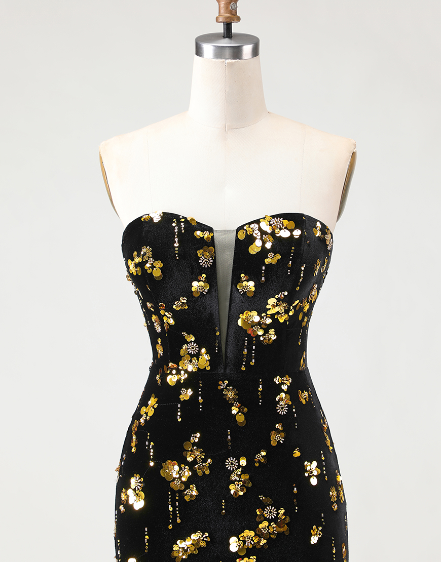 Sparkly Black and Golden Floral Long Mermaid Prom Dress with Slit