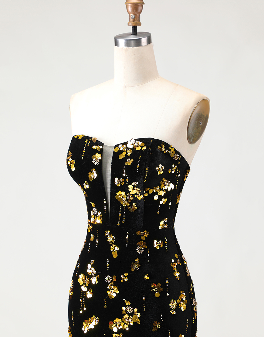 Sparkly Black and Golden Floral Long Mermaid Prom Dress with Slit