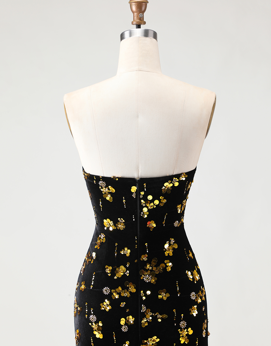 Sparkly Black and Golden Floral Long Mermaid Prom Dress with Slit