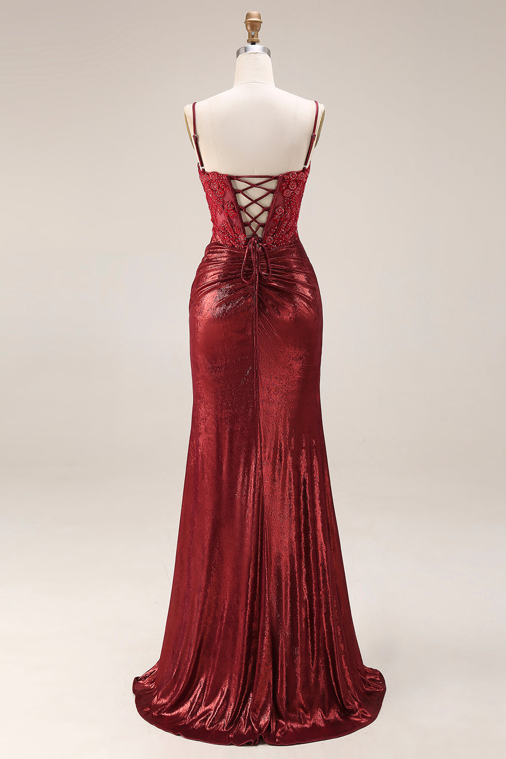 Sparkly Dark Red Floral Metallic Spaghetti Straps Mermaid Long Corset Prom Dress with Beading