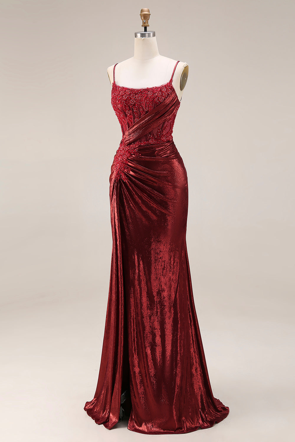 Sparkly Dark Red Floral Metallic Spaghetti Straps Mermaid Long Corset Prom Dress with Beading