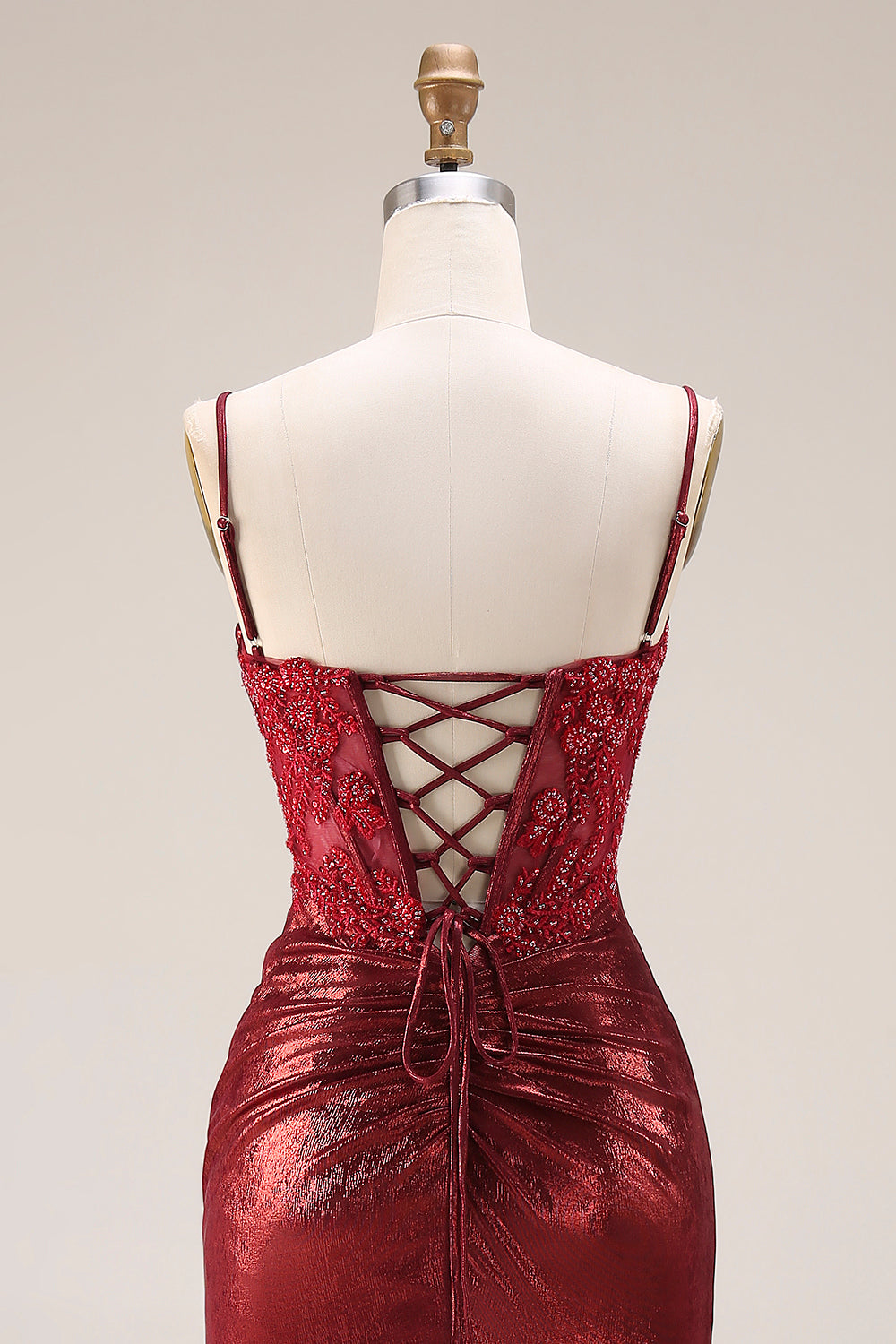 Sparkly Dark Red Floral Metallic Spaghetti Straps Mermaid Long Corset Prom Dress with Beading