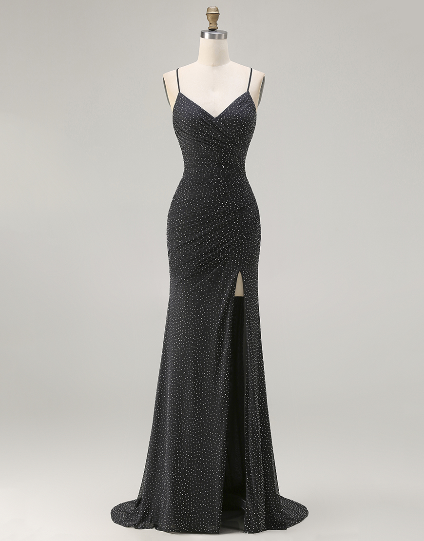 Black Polka Dots Criss Cross Mermaid Back Long Prom Dress with Slit