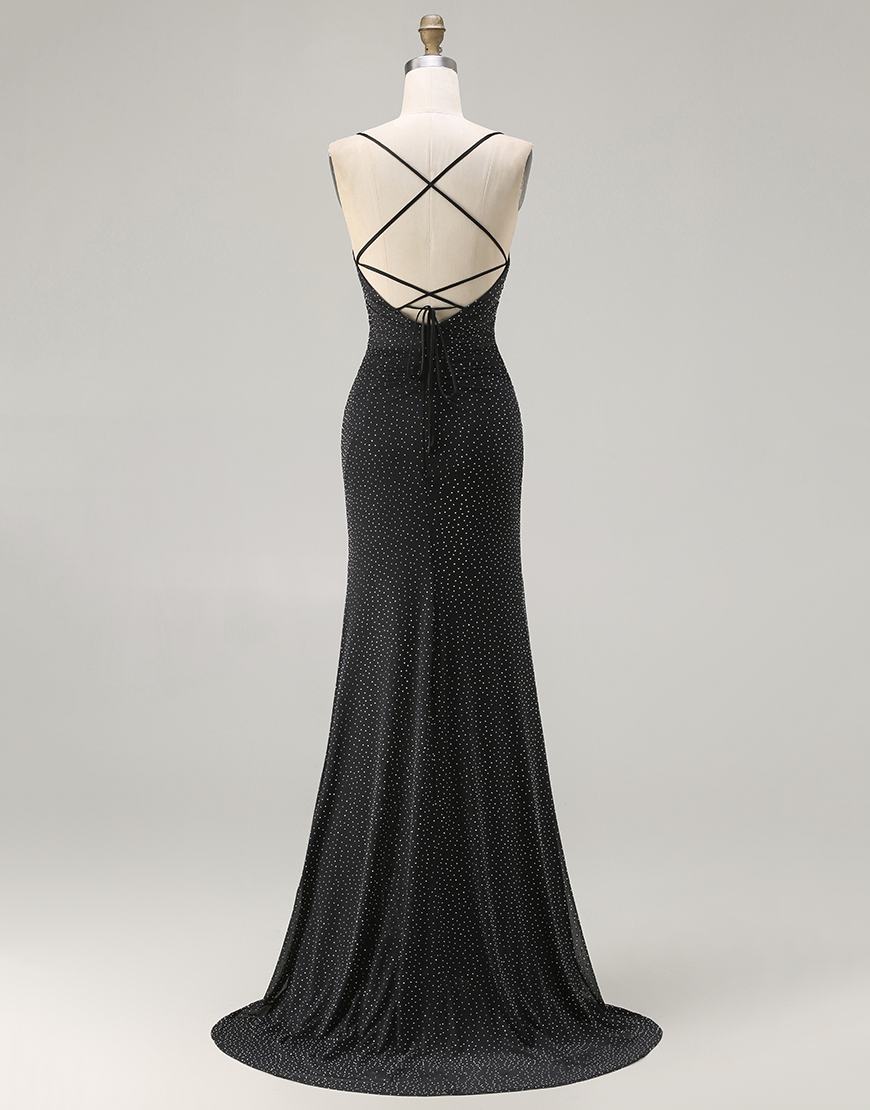 Black Polka Dots Criss Cross Mermaid Back Long Prom Dress with Slit