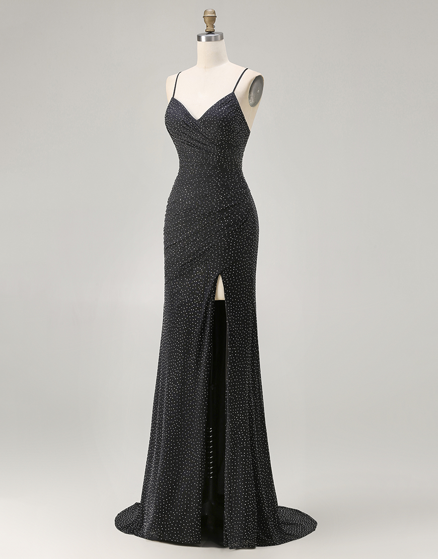 Black Polka Dots Criss Cross Mermaid Back Long Prom Dress with Slit