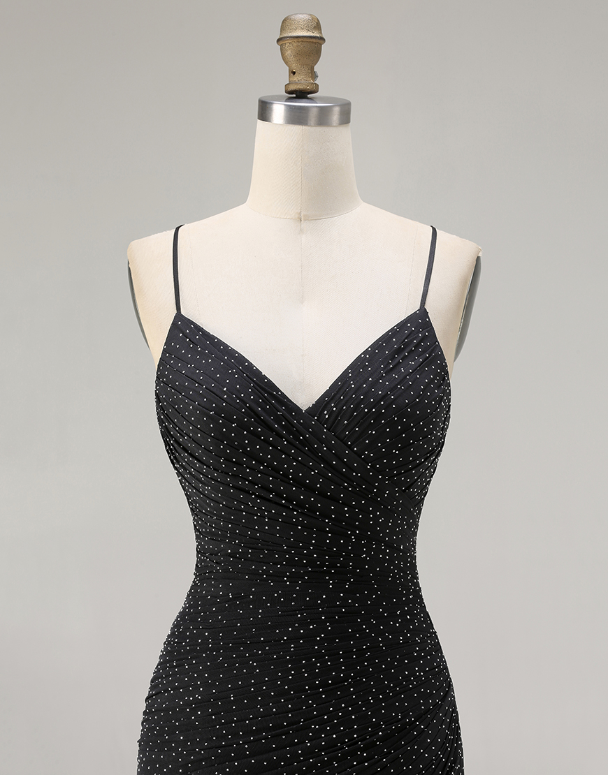 Black Polka Dots Criss Cross Mermaid Back Long Prom Dress with Slit