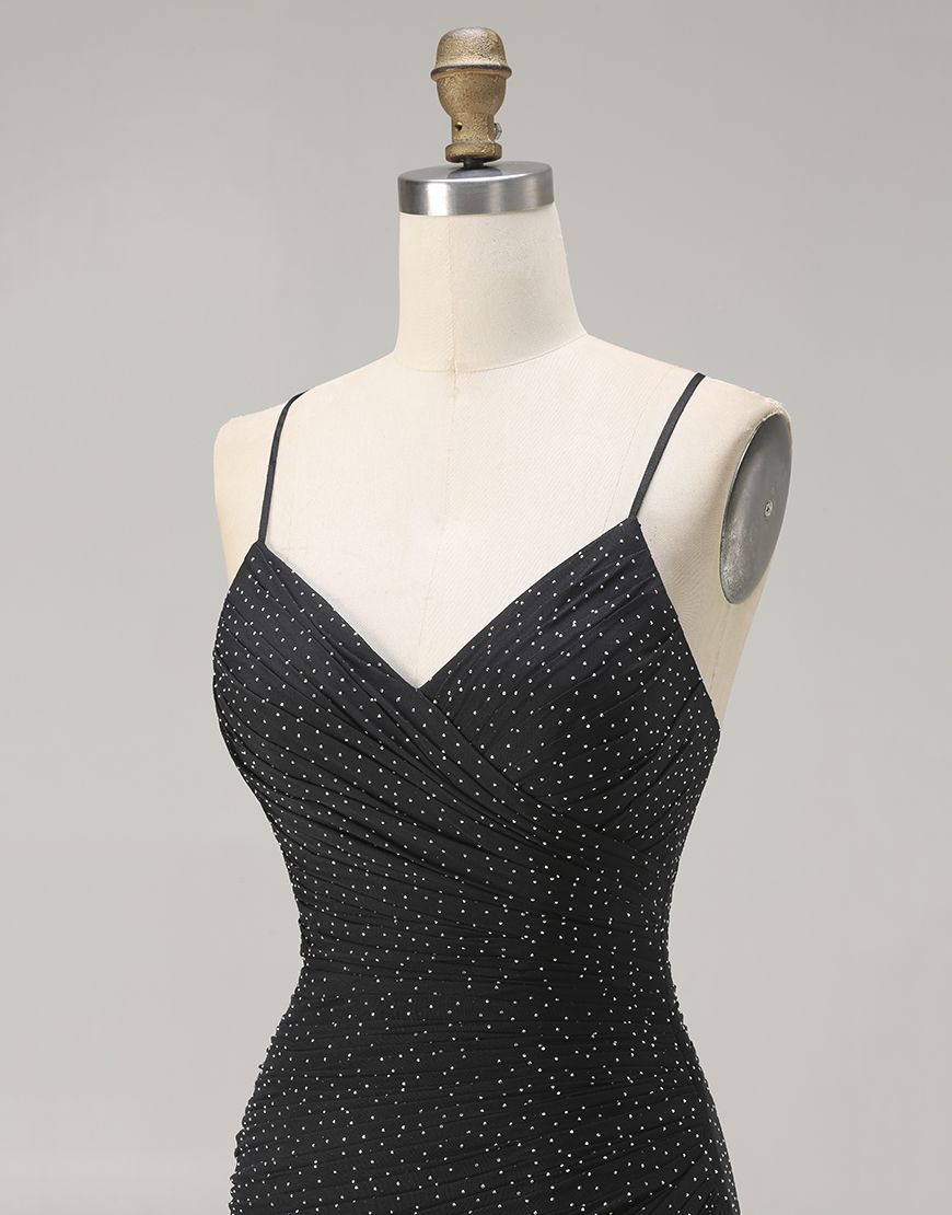 Black Polka Dots Criss Cross Mermaid Back Long Prom Dress with Slit