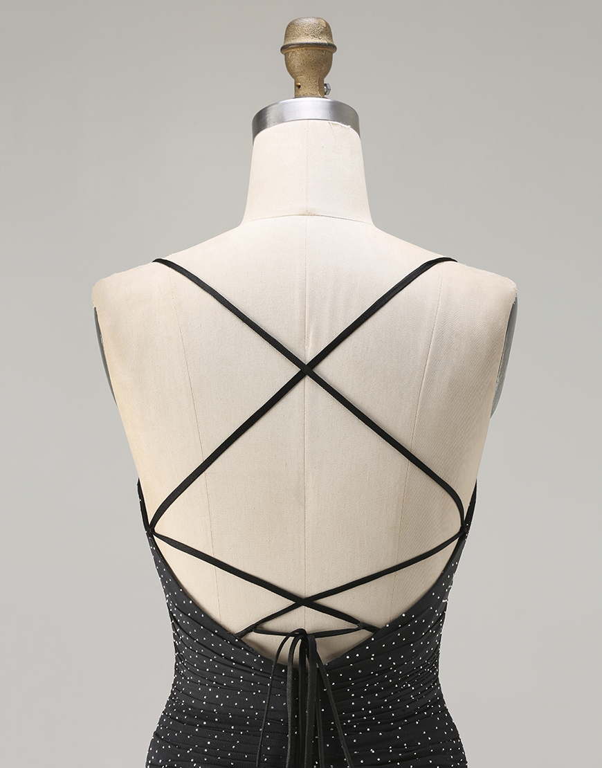 Black Polka Dots Criss Cross Mermaid Back Long Prom Dress with Slit