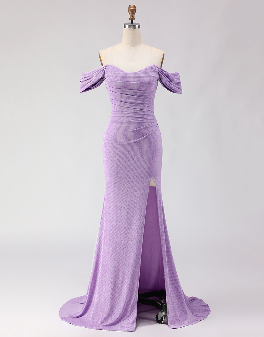 Purple Off the Shoulder Mermaid Long Prom Dress with Slit