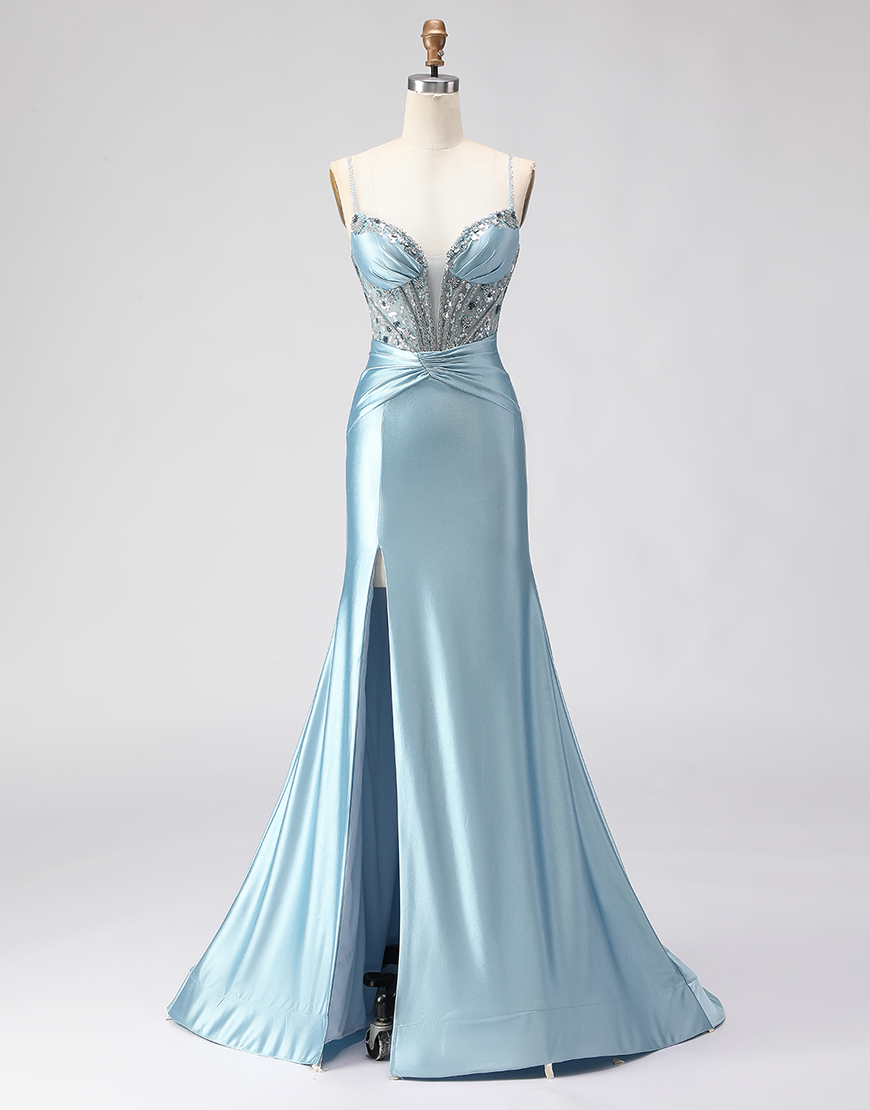 Sparkly Dusty Blue Beaded Long Corset Satin Prom Dress with Slit