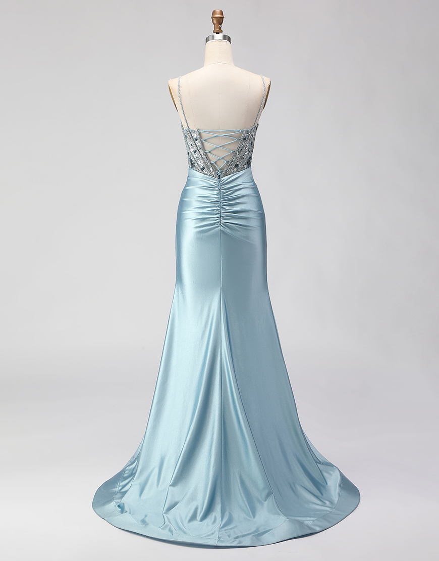 Sparkly Dusty Blue Beaded Long Corset Satin Prom Dress with Slit