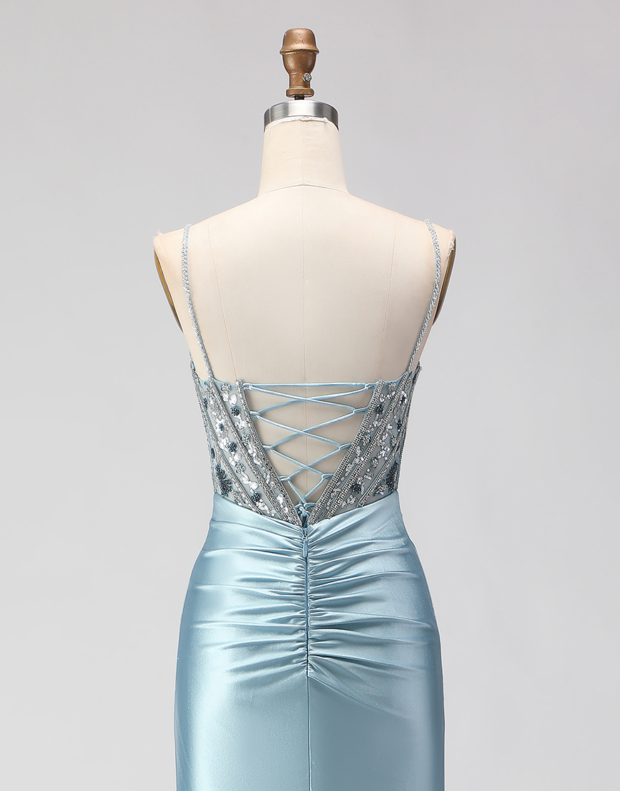 Sparkly Dusty Blue Beaded Long Corset Satin Prom Dress with Slit