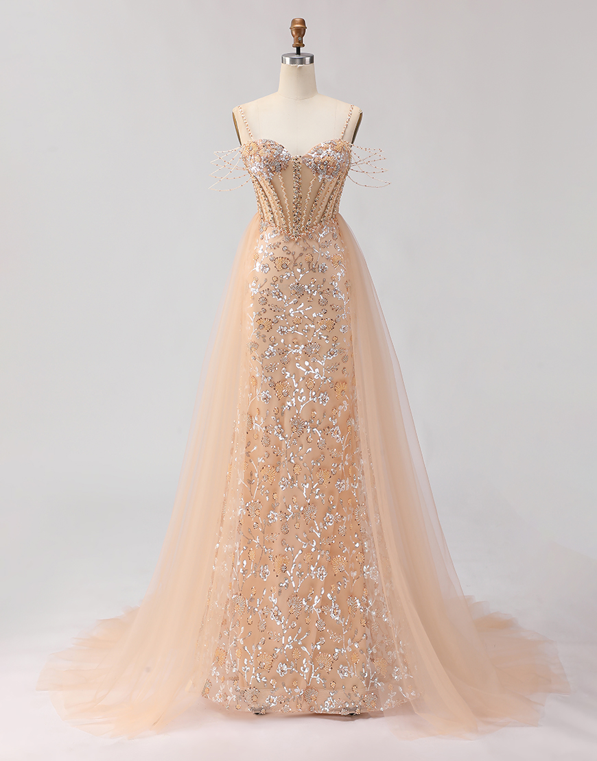 Sparkly Champagne Tulle Beaded Floral Long Corset Prom Dress