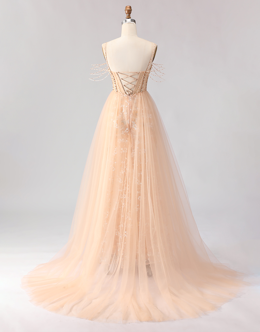 Sparkly Champagne Tulle Beaded Floral Long Corset Prom Dress