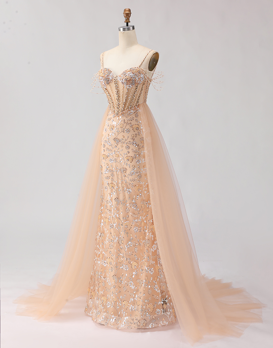 Sparkly Champagne Tulle Beaded Floral Long Corset Prom Dress