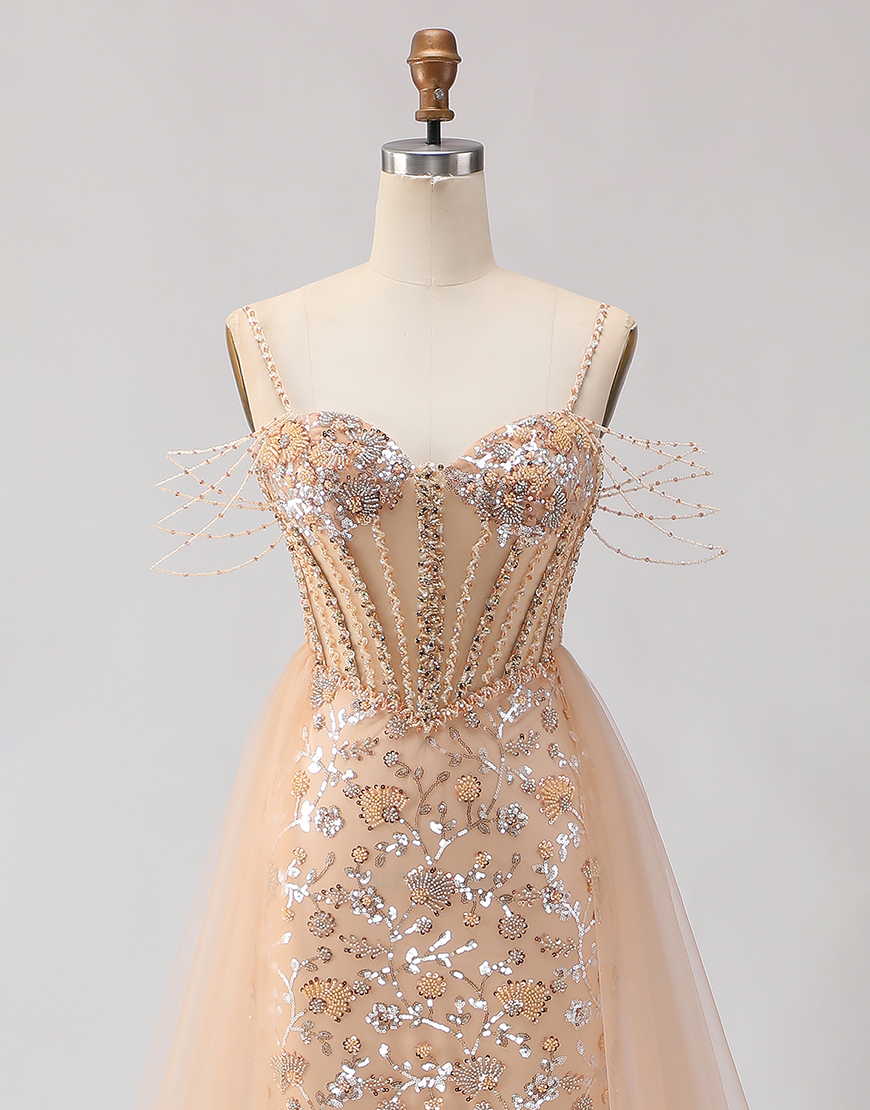 Sparkly Champagne Tulle Beaded Floral Long Corset Prom Dress