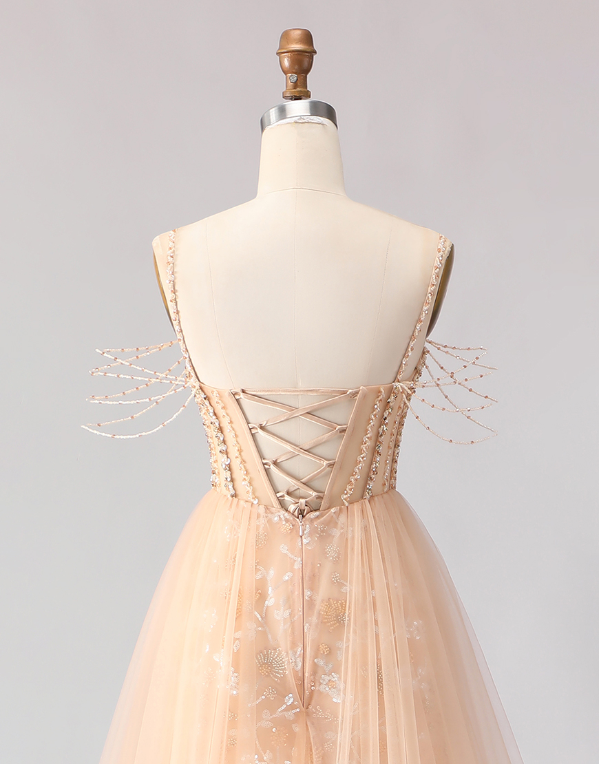 Sparkly Champagne Tulle Beaded Floral Long Corset Prom Dress