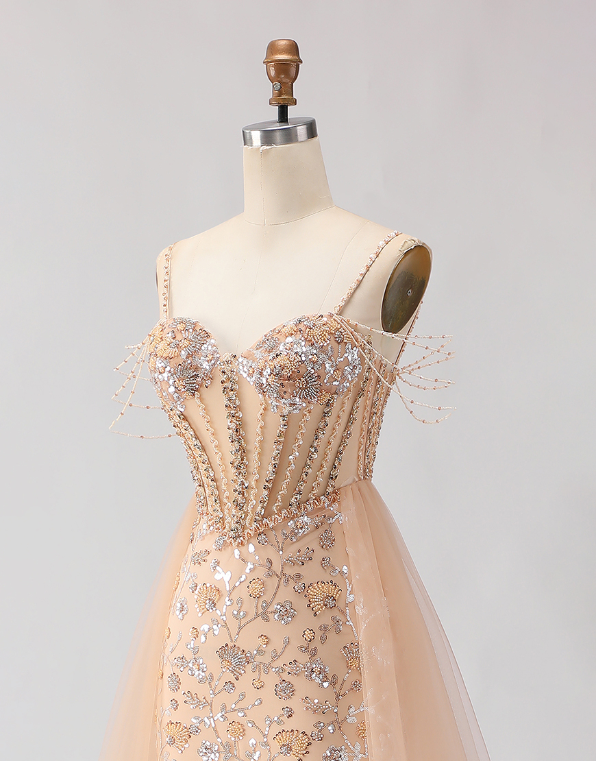 Sparkly Champagne Tulle Beaded Floral Long Corset Prom Dress
