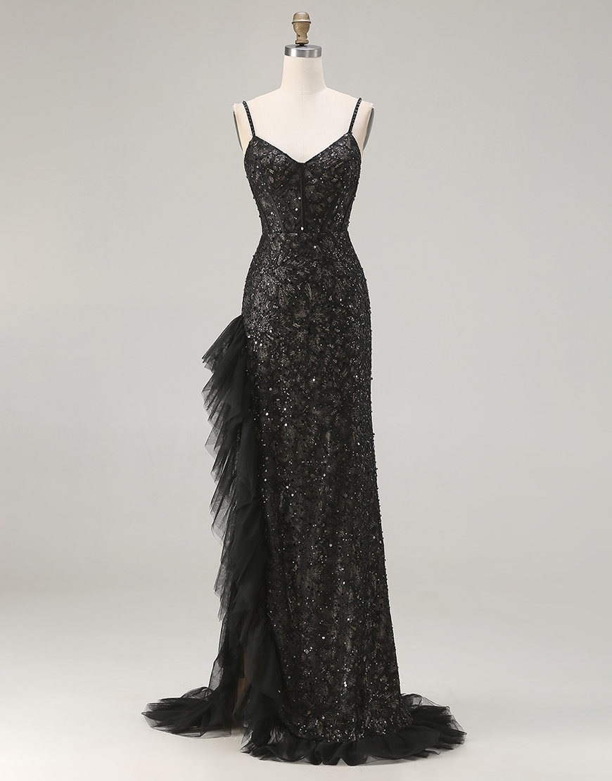 Sparkly Black Beaded Mermaid Long Corset Prom Dress with Ruffles