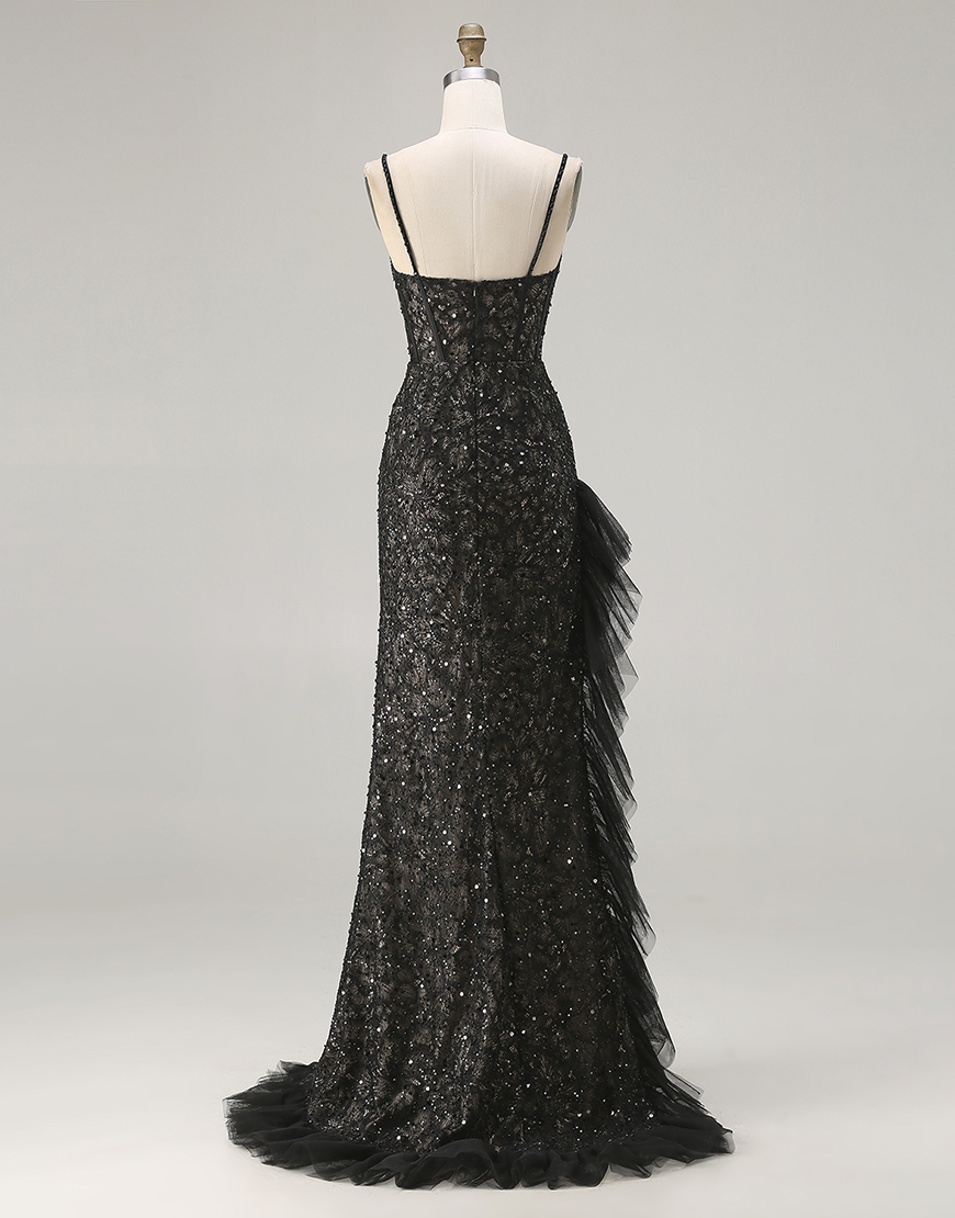 Sparkly Black Beaded Mermaid Long Corset Prom Dress with Ruffles