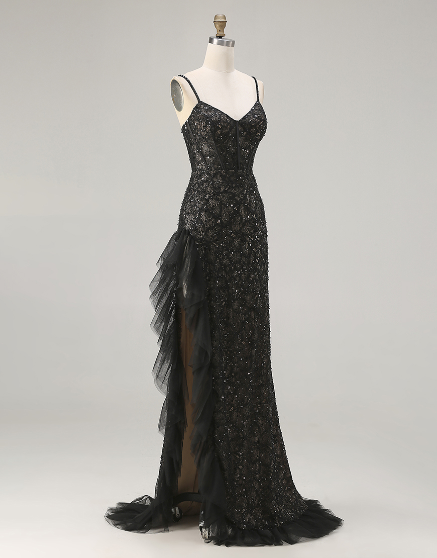 Sparkly Black Beaded Mermaid Long Corset Prom Dress with Ruffles