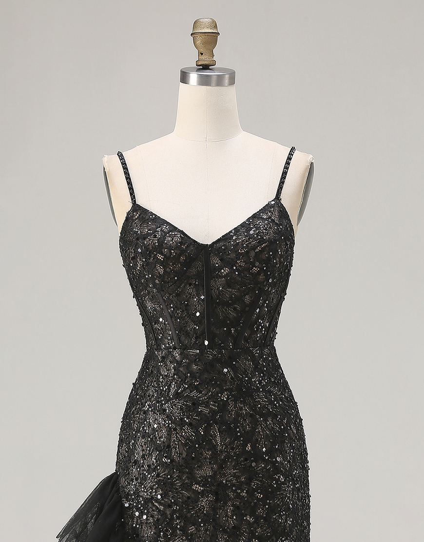 Sparkly Black Beaded Mermaid Long Corset Prom Dress with Ruffles