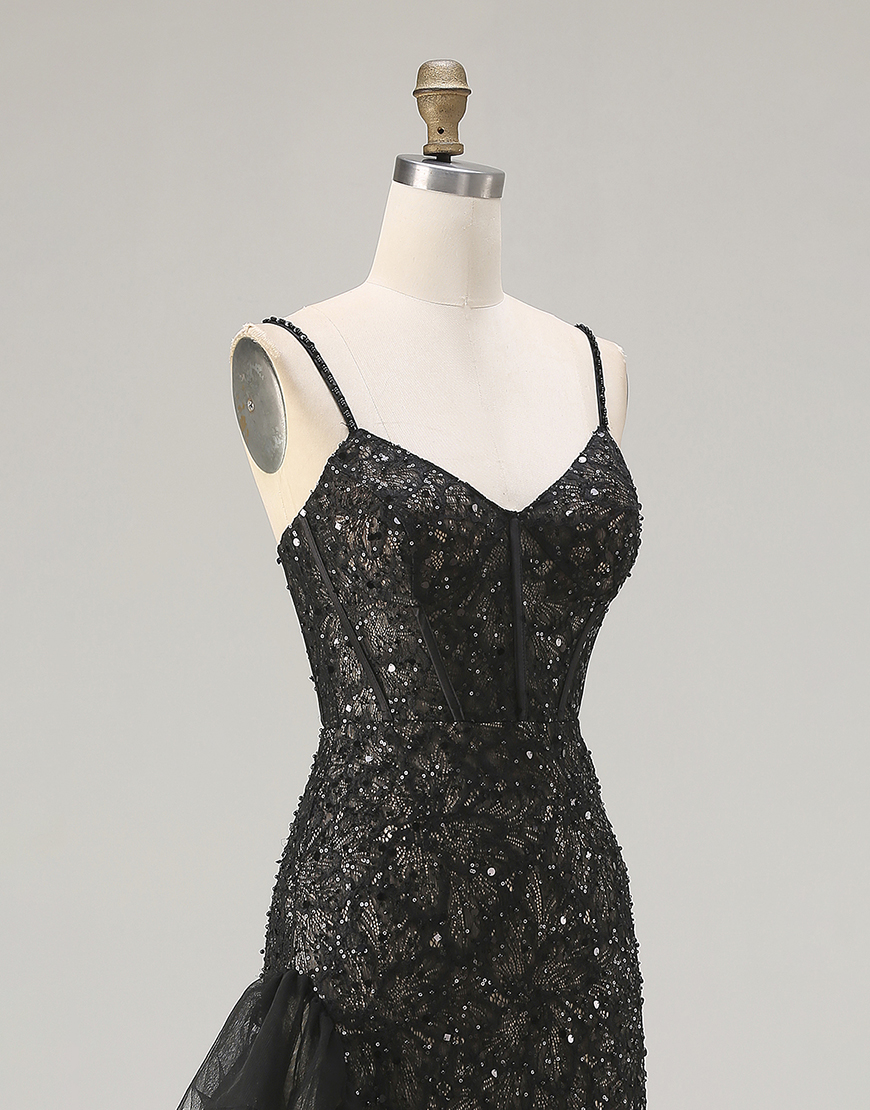 Sparkly Black Beaded Mermaid Long Corset Prom Dress with Ruffles