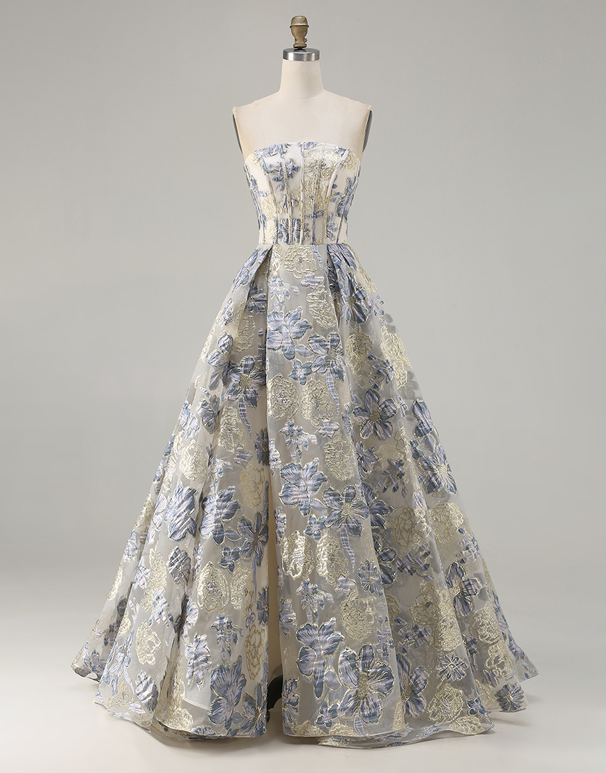 Floral Dusty Blue Strapless Long Corset A Line Prom Dress with Slit