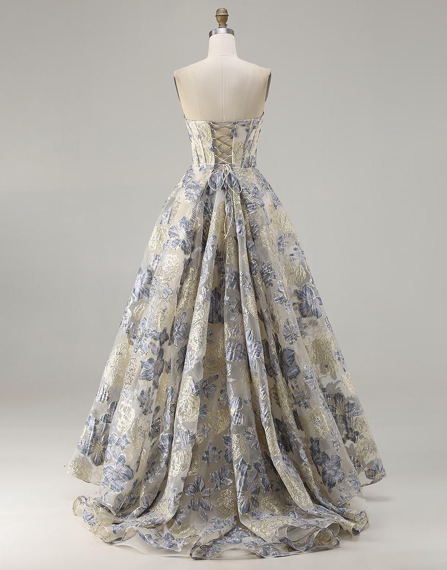 Floral Dusty Blue Strapless Long Corset A Line Prom Dress with Slit